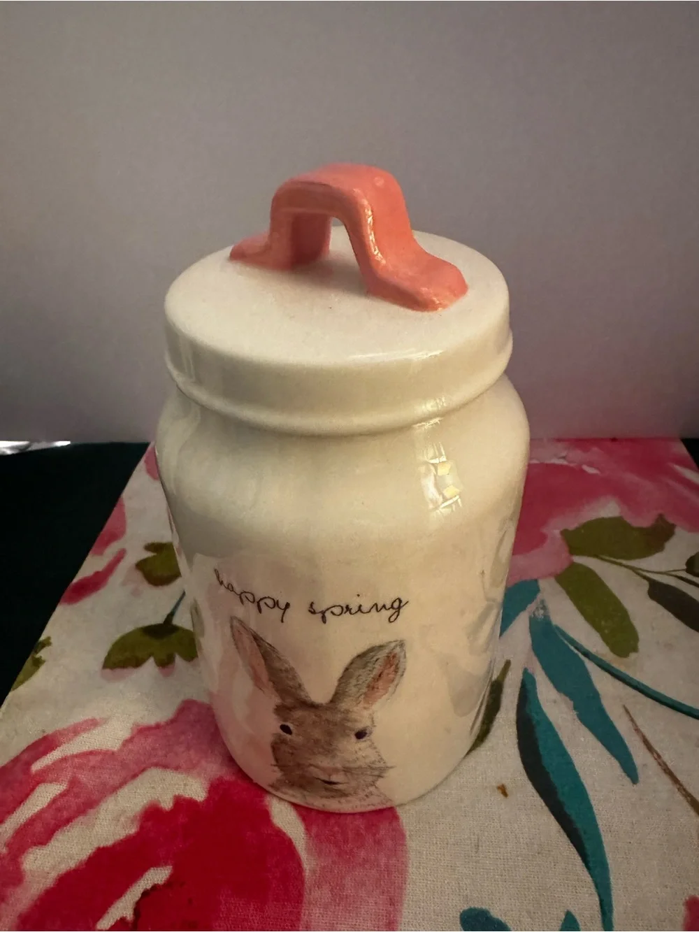 Rae Dunn “Happy Spring” Bunny Rabbit Canister Ivory Pink Handle 7.5” Easter EUC